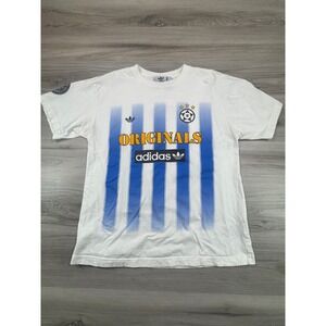 Adidas Originals 3 Stripes OG Soccer T-shirt Men Size Medium White Blue Stripe